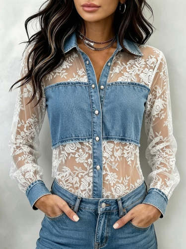 Stylish & Sexy Spliced denim And Lace Shirt