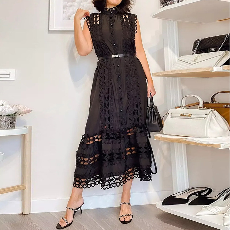 Embroidered Hollow Lace Patchwork Sleeveless Midi Dress