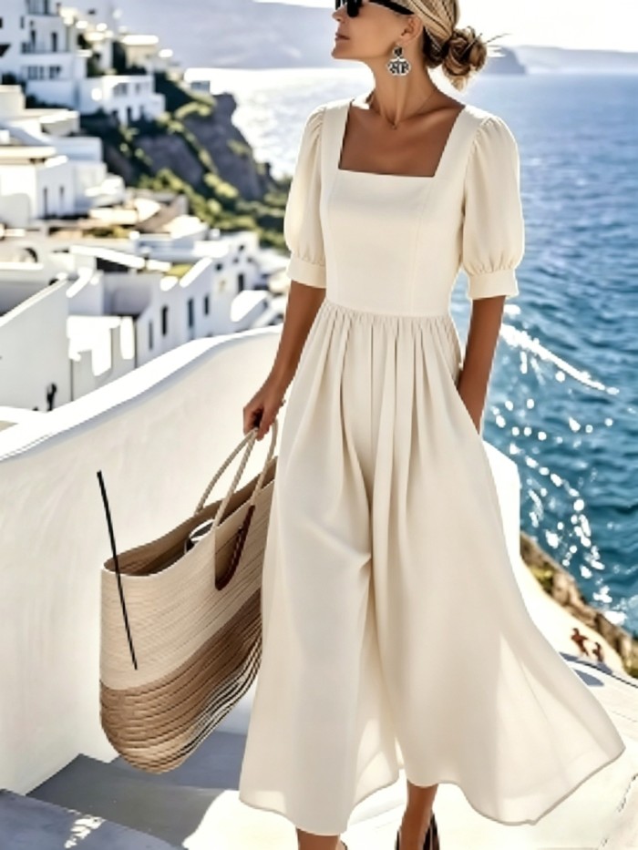 Women's Elegant Square Neck Bubble Short Sleeve MIDI Dress