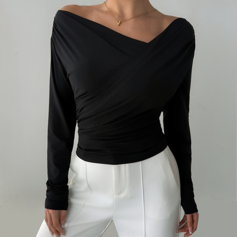 Women's Oblique Collar Cross Front Long Sleeve Wrap Top