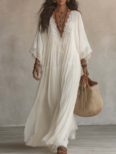 White Lace V-neck Batwing Sleeve Chiffon Maxi Dress