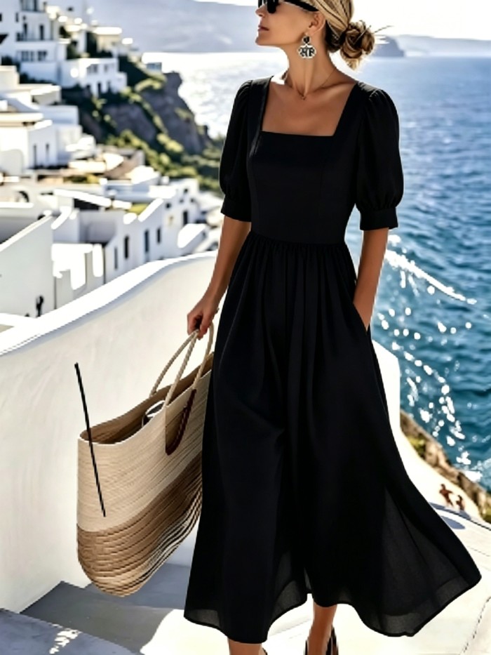 Women's Elegant Square Neck Bubble Short Sleeve MIDI Dress