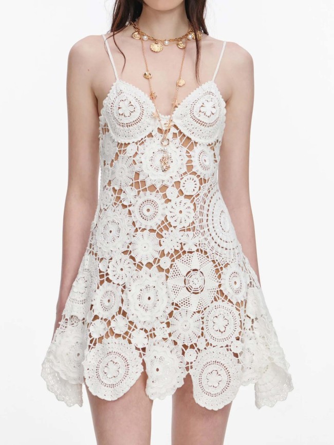 Bohemian Crochet Lace Spaghetti Strap Mini Dress
