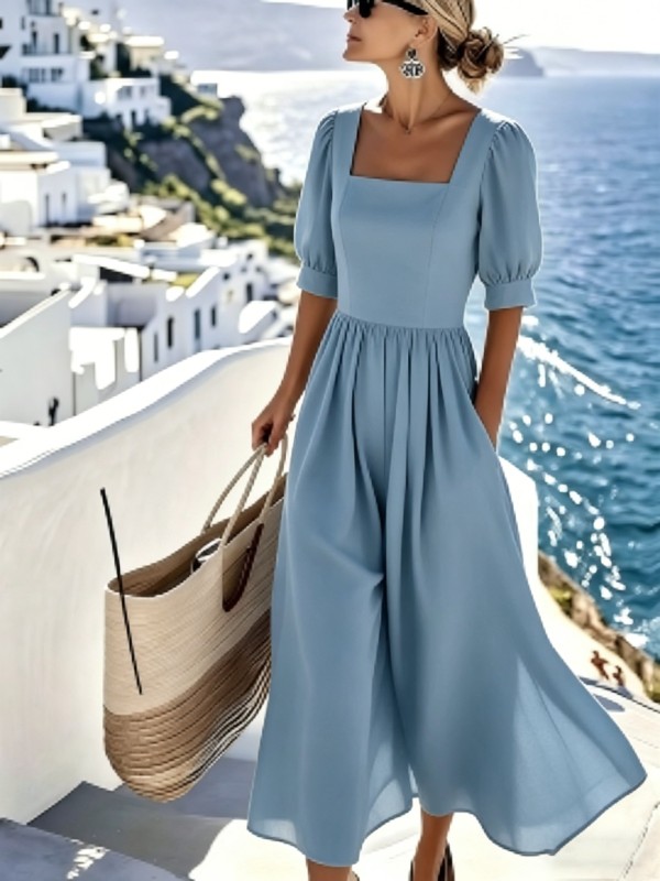 Women's Elegant Square Neck Bubble Short Sleeve MIDI Dress