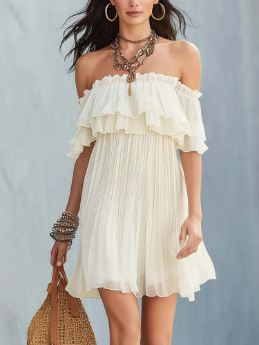 Off-white Chiffon Off-shoulder Layered Ruffle Mini Dress
