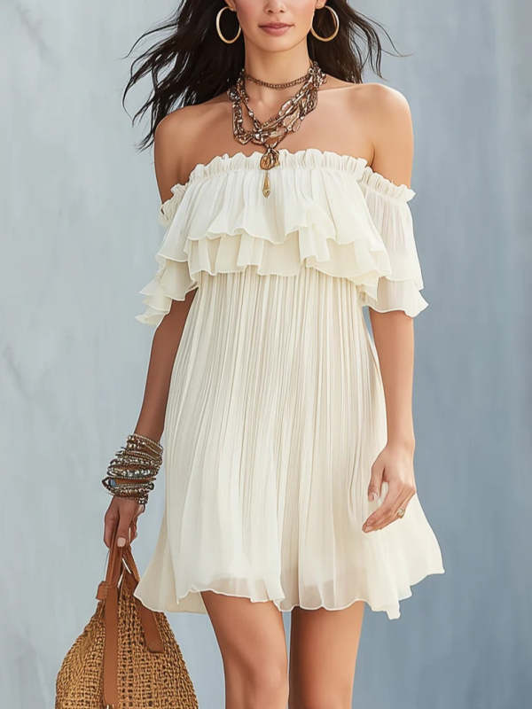 Off-white Chiffon Off-shoulder Layered Ruffle Mini Dress