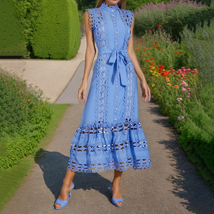 Embroidered Hollow Lace Patchwork Sleeveless Midi Dress