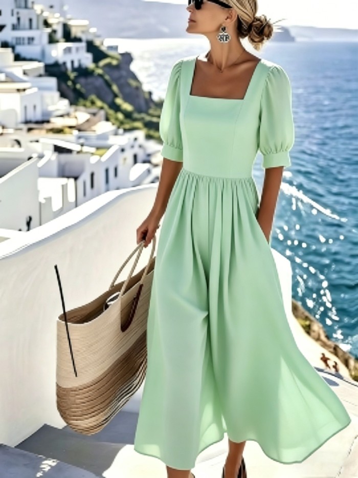Women's Elegant Square Neck Bubble Short Sleeve MIDI Dress