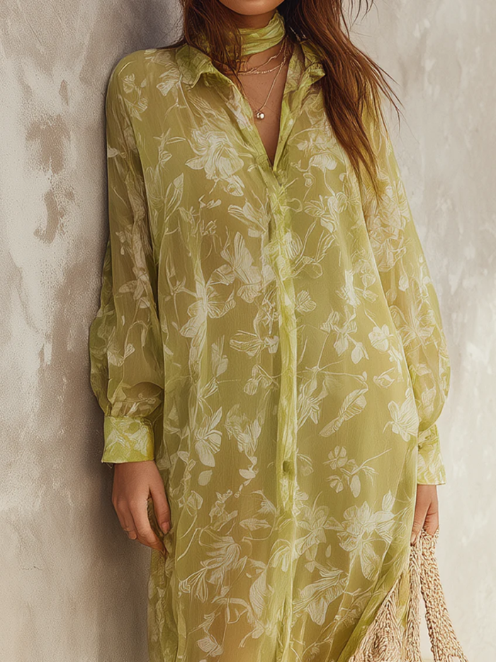 Vacation Green Sheer Floral Print Shirt Maxi Dress(with scarf)