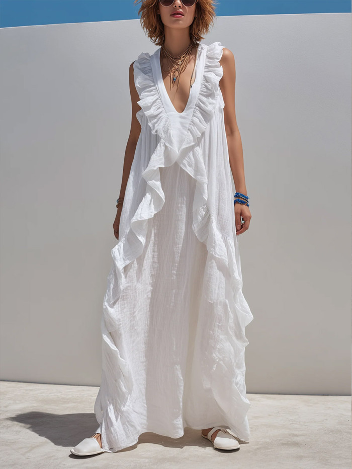 Women's Solid-color V-neck Sleeveless Casual Loose Cotton-linen Dress With Ruffles