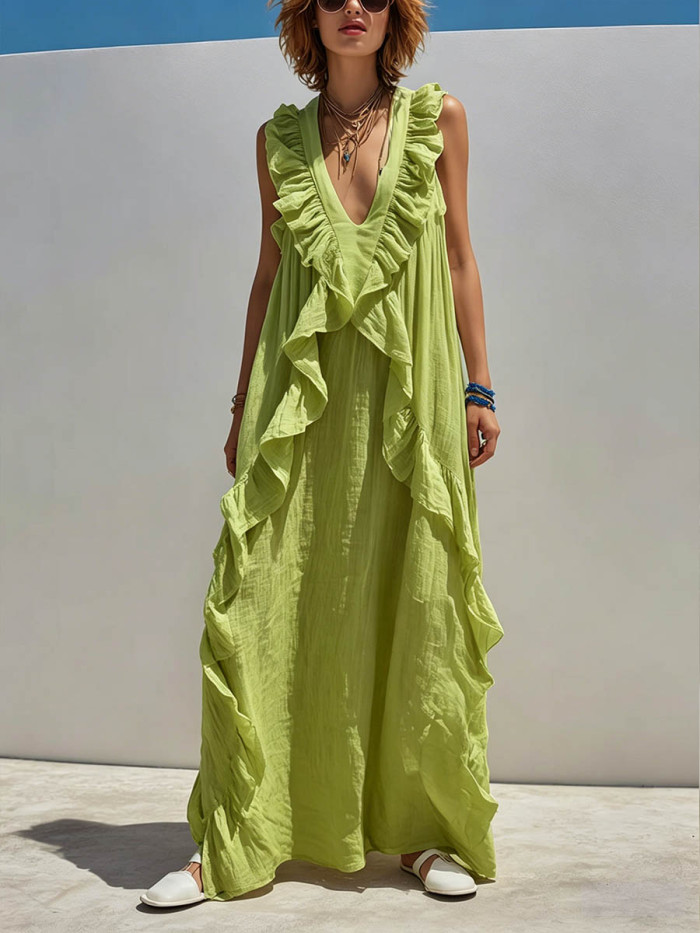 Women's Solid-color V-neck Sleeveless Casual Loose Cotton-linen Dress With Ruffles