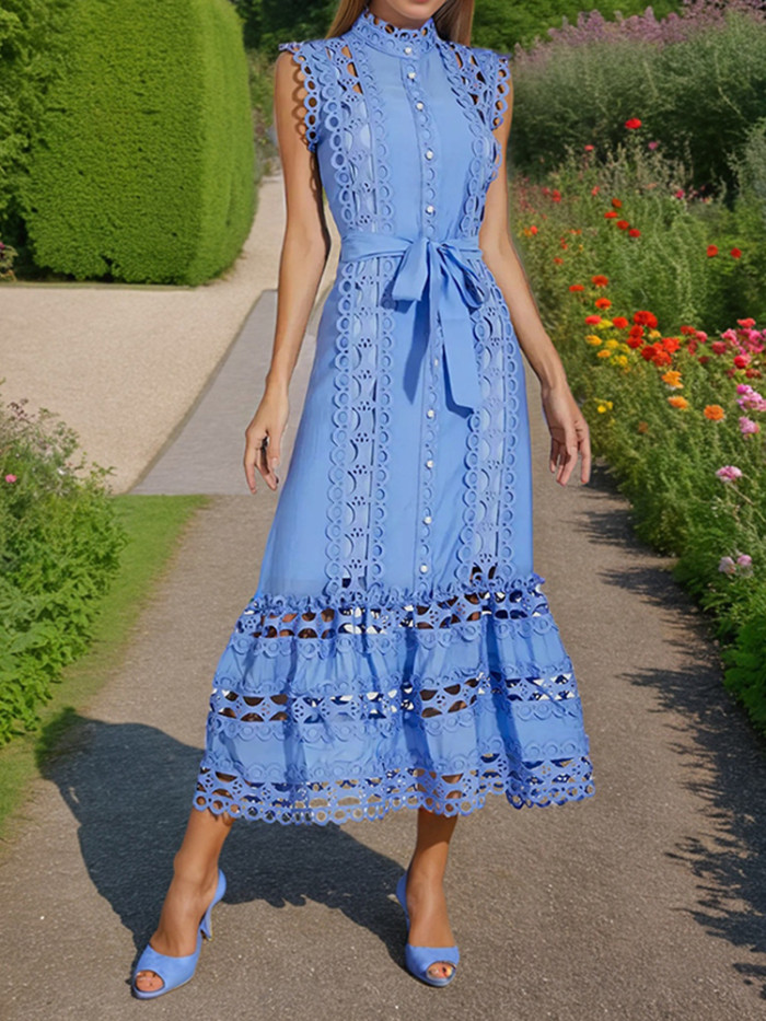 Embroidered Hollow Lace Patchwork Sleeveless Midi Dress