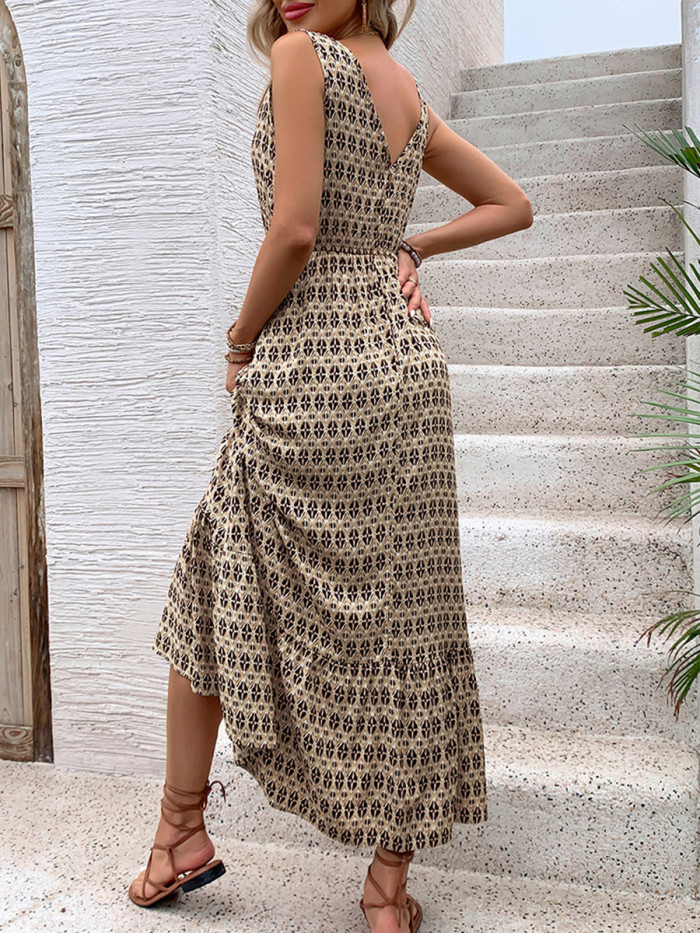 Tied Waist Printed Contrast Color Sleeveless High Waisted V-Neck Maxi Dresses