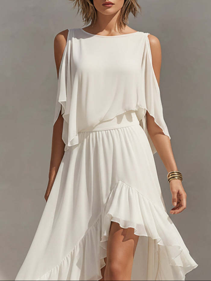 Elegant White Off-Shoulder Flowy Chiffon Dress
