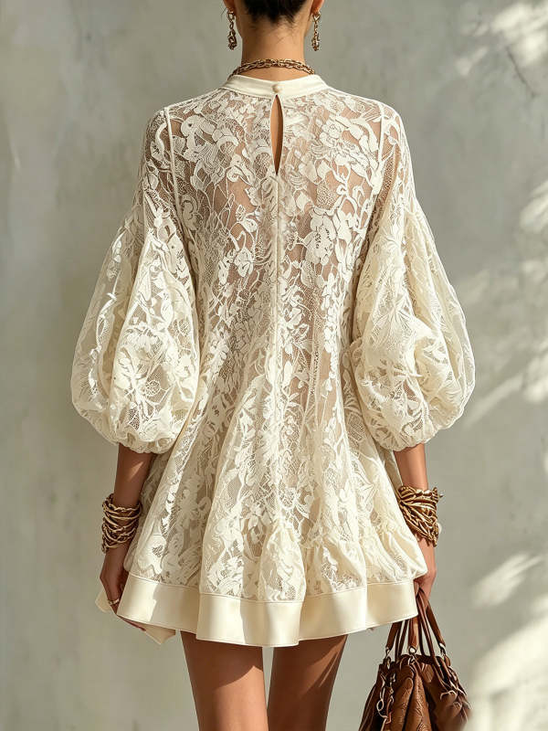 Beige Lace Balloon Sleeve Mini Dress With Satin Trim