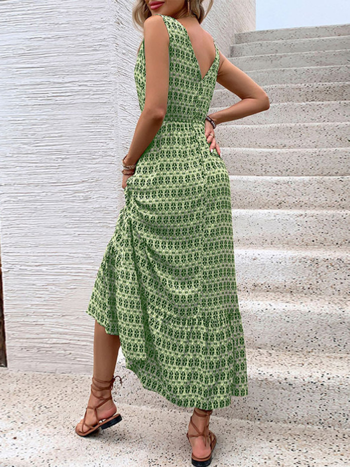 Tied Waist Printed Contrast Color Sleeveless High Waisted V-Neck Maxi Dresses