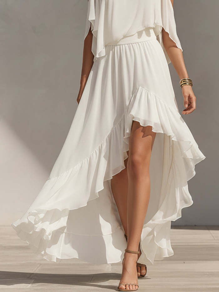 Elegant White Off-Shoulder Flowy Chiffon Dress