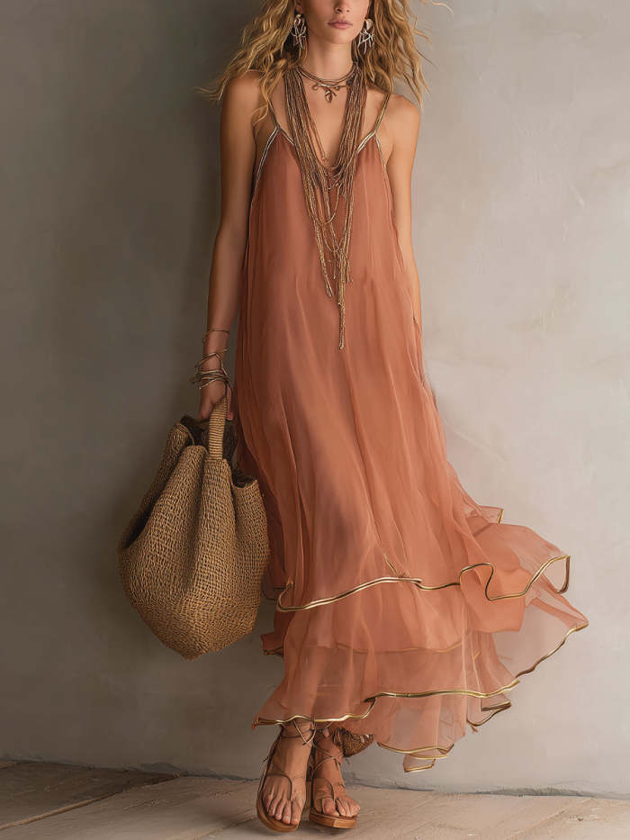 Dusty Pink And Gold Trim Halter-neck Ruffled Maxi Dress