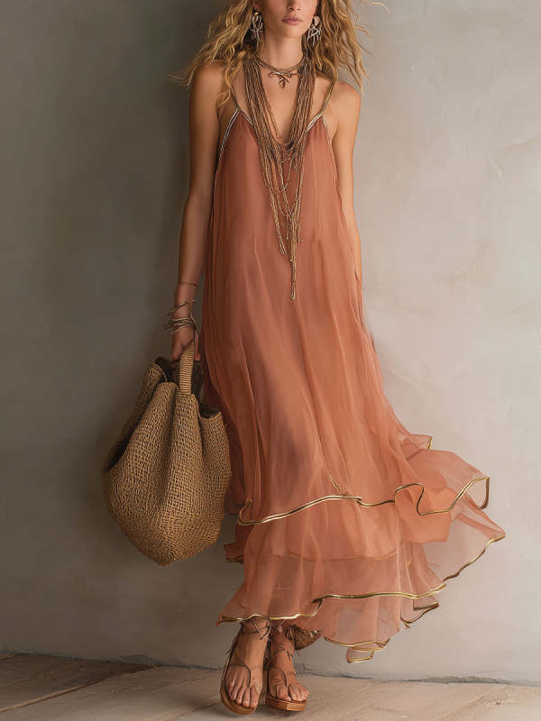 Dusty Pink And Gold Trim Halter-neck Ruffled Maxi Dress