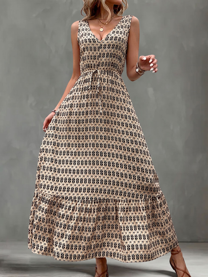 Tied Waist Printed Contrast Color Sleeveless High Waisted V-Neck Maxi Dresses