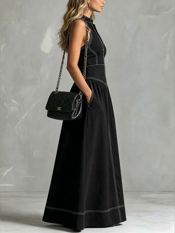 A-Line High Waisted Zipper Stand Collar Maxi Dresses