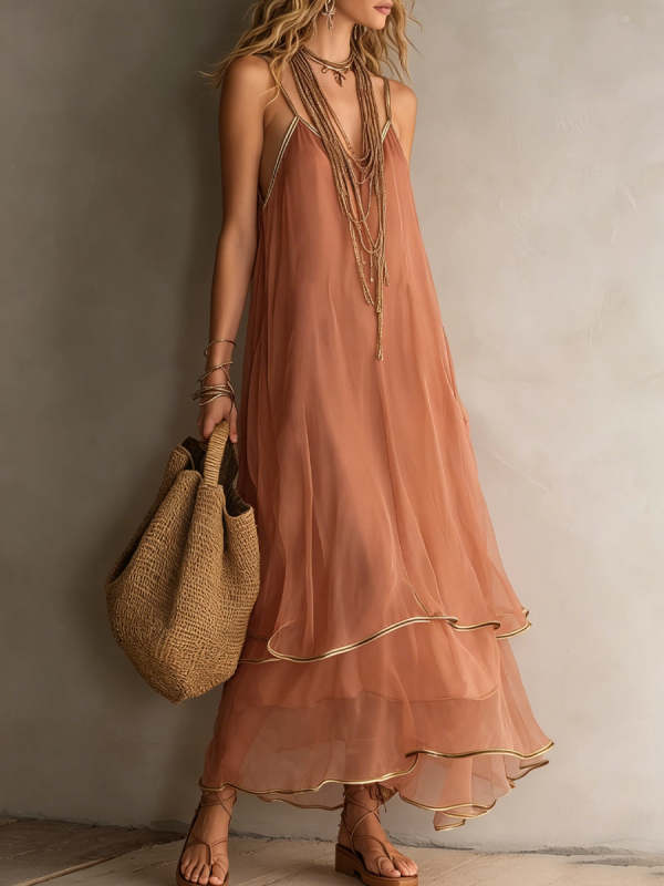 Dusty Pink And Gold Trim Halter-neck Ruffled Maxi Dress