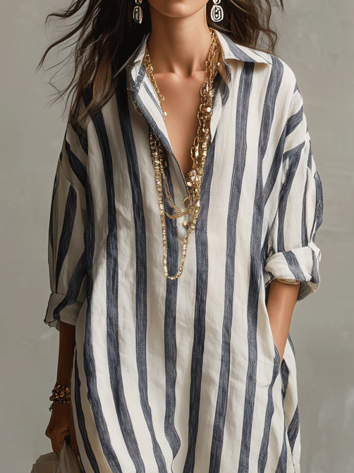 Off-white Casual Striped Shirt Bohemian Style Maxi Dress