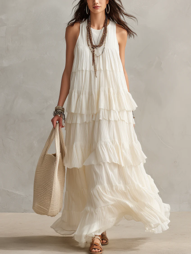 Off-white Pleated Layered Sleeveless Maxi Dress