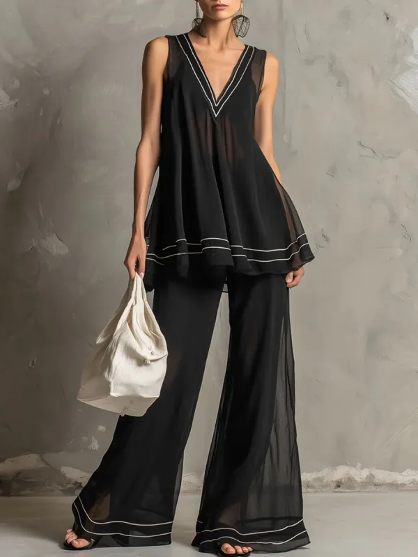 Women's Sleeveless V-neck Top And Pants Two-piece Set