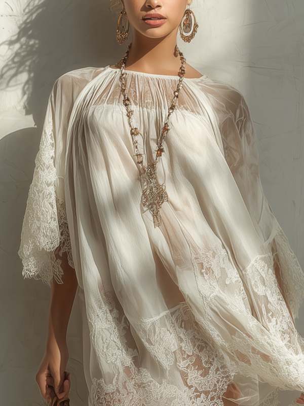 White Lace-Paneled Chiffon Mini Dress