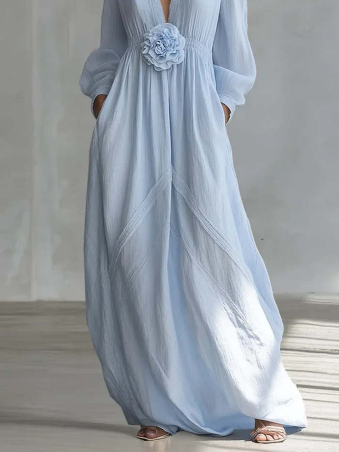 Blue Deep V-neck Three-dimensional Floral Maxi Dress