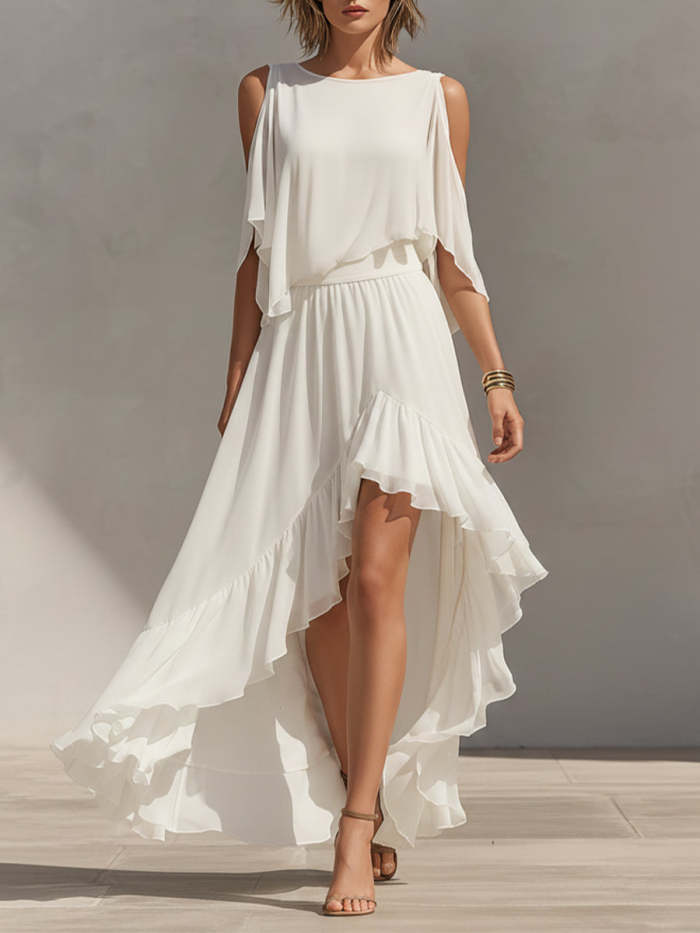 Elegant White Off-Shoulder Flowy Chiffon Dress