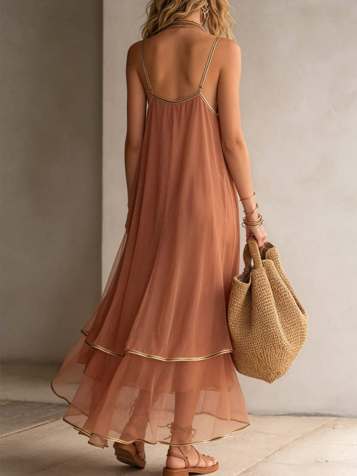 Dusty Pink And Gold Trim Halter-neck Ruffled Maxi Dress