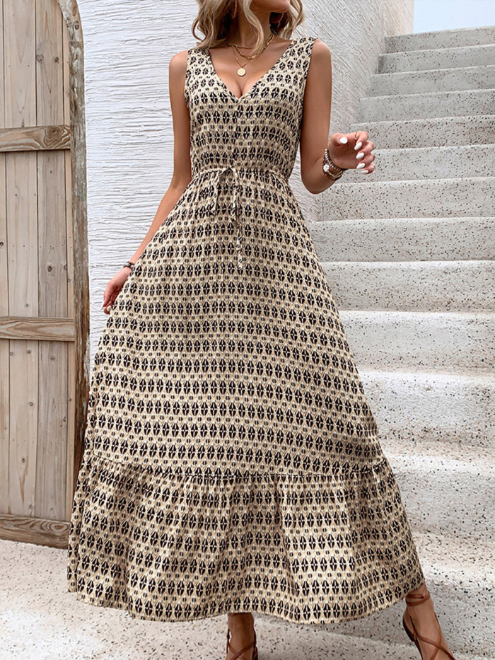 Tied Waist Printed Contrast Color Sleeveless High Waisted V-Neck Maxi Dresses