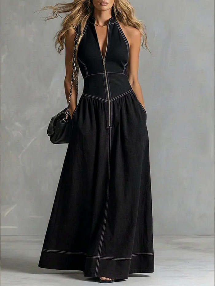 A-Line High Waisted Zipper Stand Collar Maxi Dresses