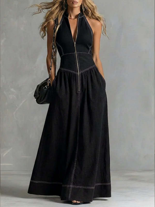 A-Line High Waisted Zipper Stand Collar Maxi Dresses