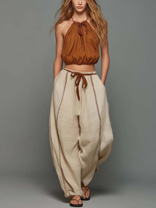 Brown Halter Top and Beige Loose-Fit Trousers Set