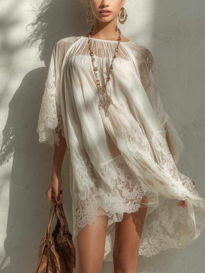 White Lace-Paneled Chiffon Mini Dress