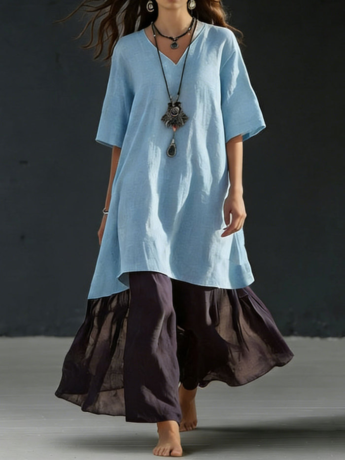 Women's Casual V-neck Three-quarter Sleeve Color-blocked Dress