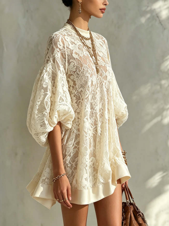 Beige Lace Balloon Sleeve Mini Dress With Satin Trim