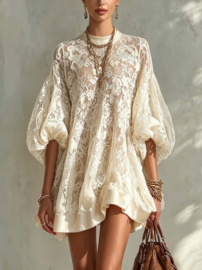 Beige Lace Balloon Sleeve Mini Dress With Satin Trim