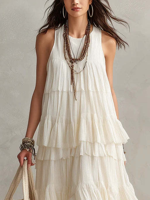 Off-white Pleated Layered Sleeveless Maxi Dress