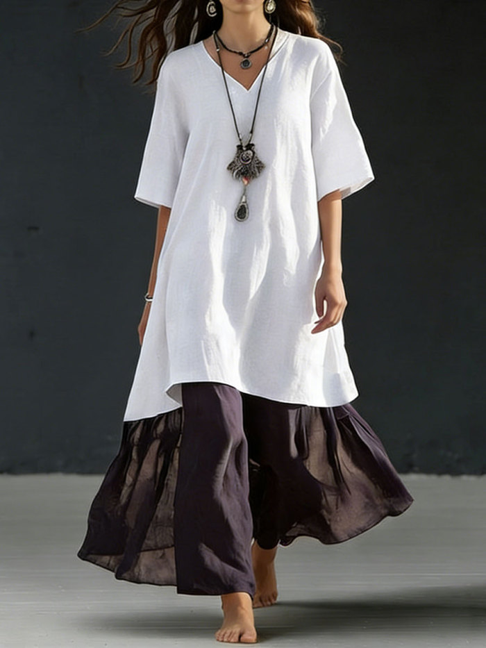 Women's Casual V-neck Three-quarter Sleeve Color-blocked Dress