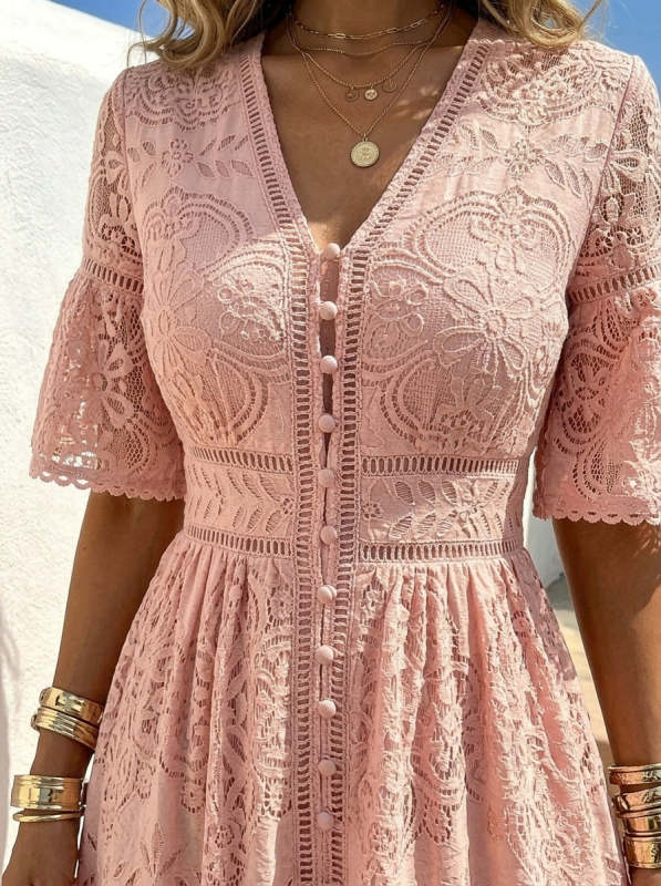 Women's V-neck Short-sleeve Cut-out Details And Single-breasted Closure Lace Dress