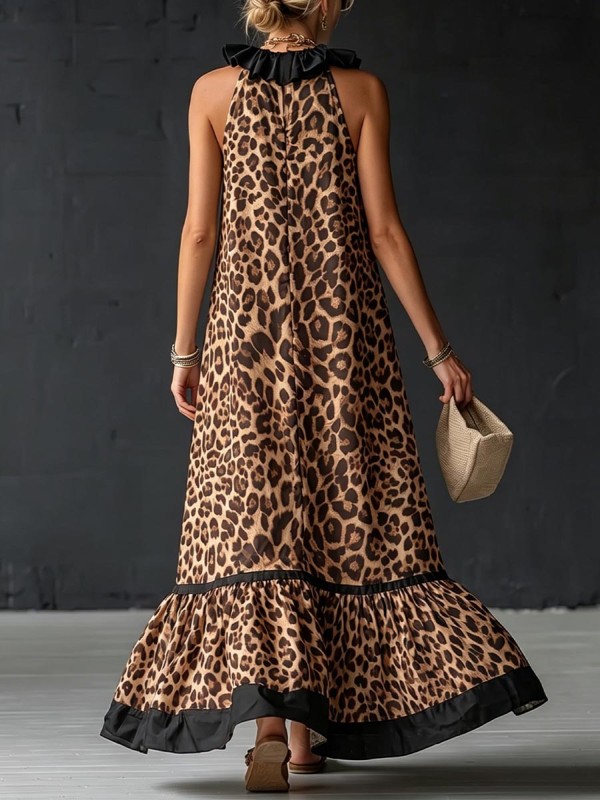Women's Leopard Print V-neck Sleeveless Casual Loose Cotton-linen Dress