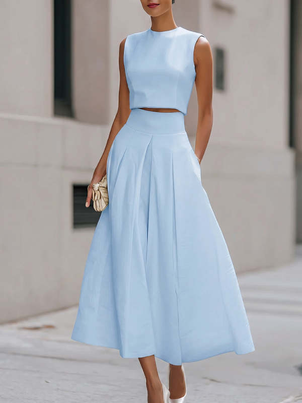 Women's Solid-color Cotton-linen Two-piece Set: Sleeveless Crew-neck Loose-fit Top & High-waisted A-line Skirt