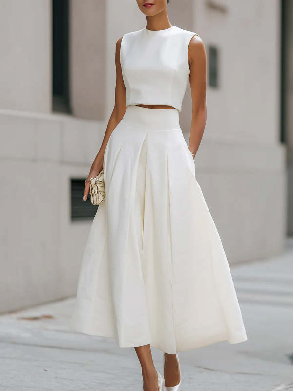 Women's Solid-color Cotton-linen Two-piece Set: Sleeveless Crew-neck Loose-fit Top & High-waisted A-line Skirt
