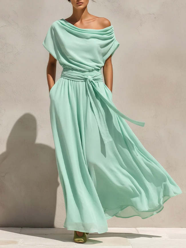 Women's Solid-color Off-shoulder Short-sleeve Casual Loose A-line Dress