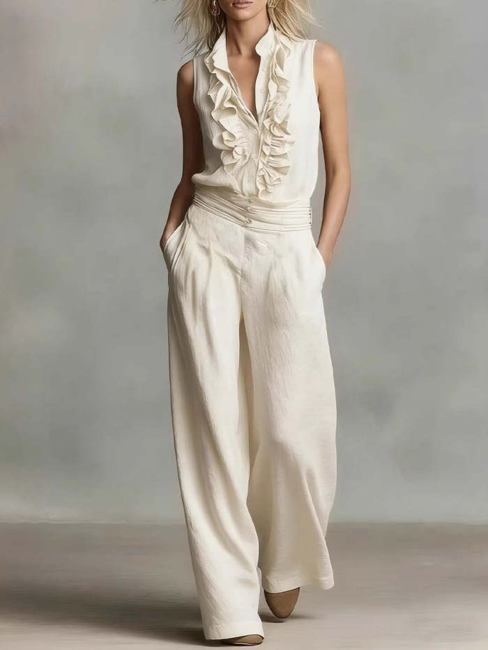 Women's Simple Linen Sleeveless Casual Shirt And Wide-leg Pants Set