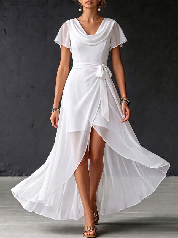 Women's Solid Color Cowl Neck Short-sleeve Casual Loose Chiffon Dress